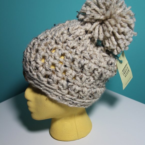 Crochet Slouchy Beanie Hand Crafted Oatmeal Cookies and Cream Huge Pom Pom - Picture 5 of 9